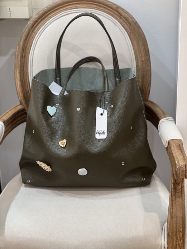 Sacs Bagolo - Sac en Cuir Souple Kaki avec Pin's