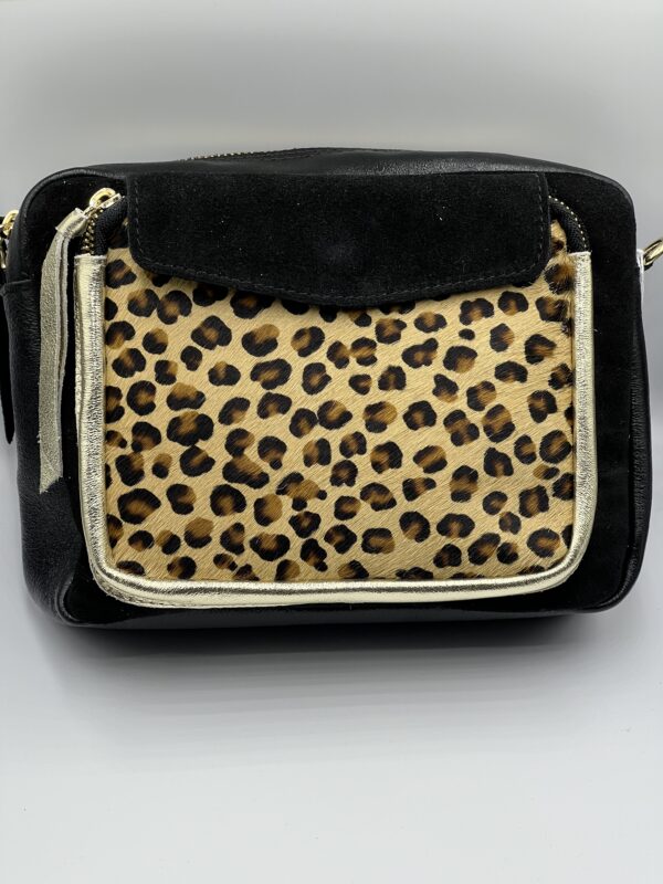 Sac Doris - Le Magnifique - Daim Noir et  Leopard tour de poche doré irisé