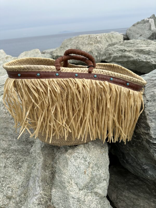 Panier Via mail bag - panier italien - en osier avec franges et cuir marron
