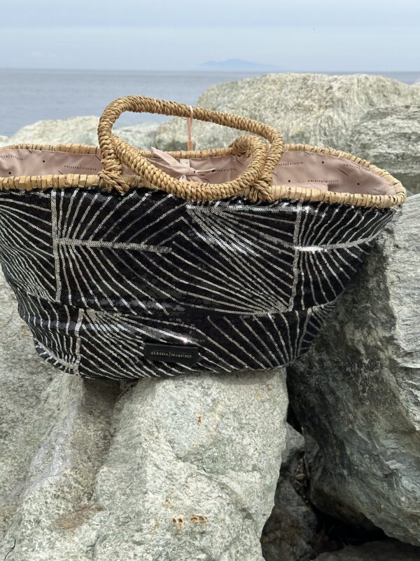 Panier alessia massimo panier en paille et tissu pailletté noir et argent