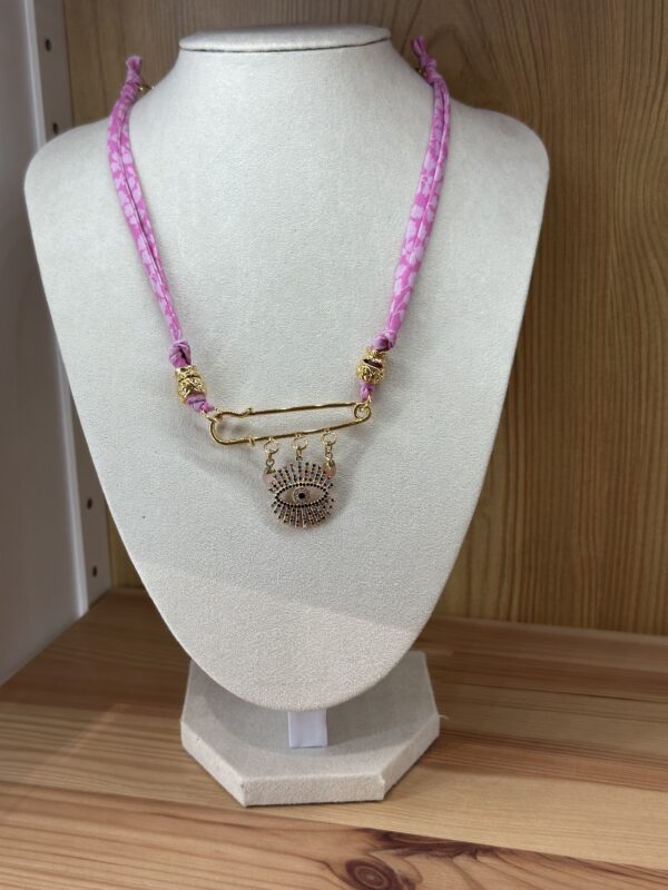Monsens - Collier Safety Pins - pierre de lune et calcedoine rose