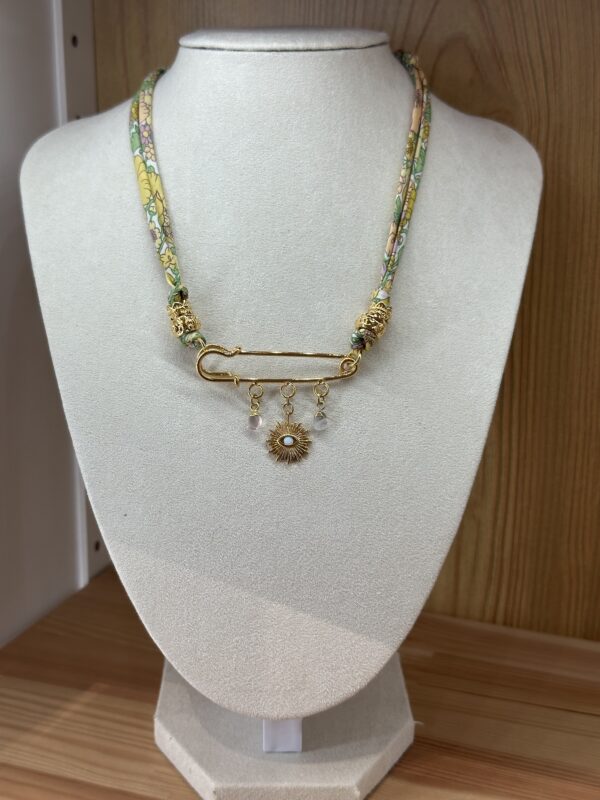 Monsens - Collier Safety Pins - pierre de lune et calcedoine rose